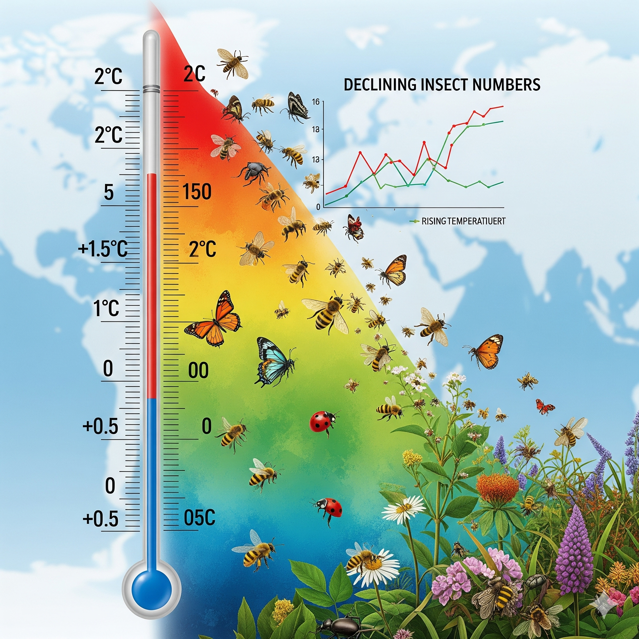 An infographic showing rising temperatures and declining insect populations.