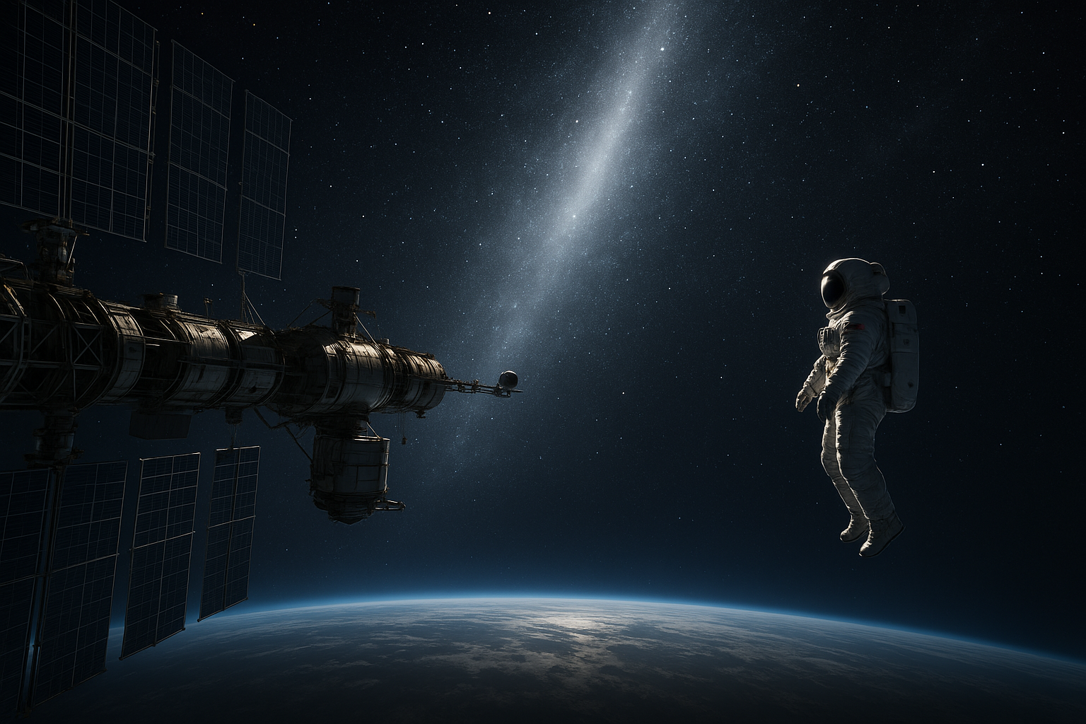 An astronaut floating in space near a space station.
