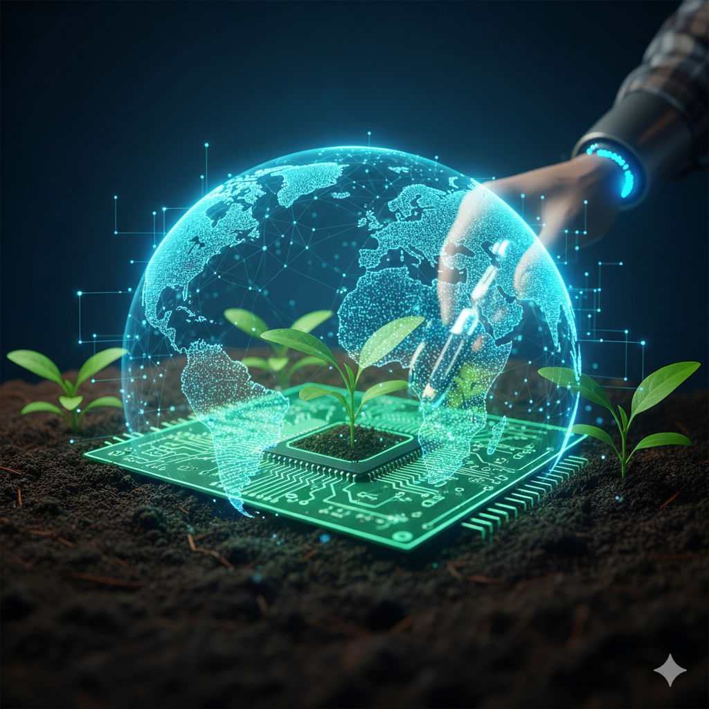 Hand nurturing digital plant on circuit board with global network.