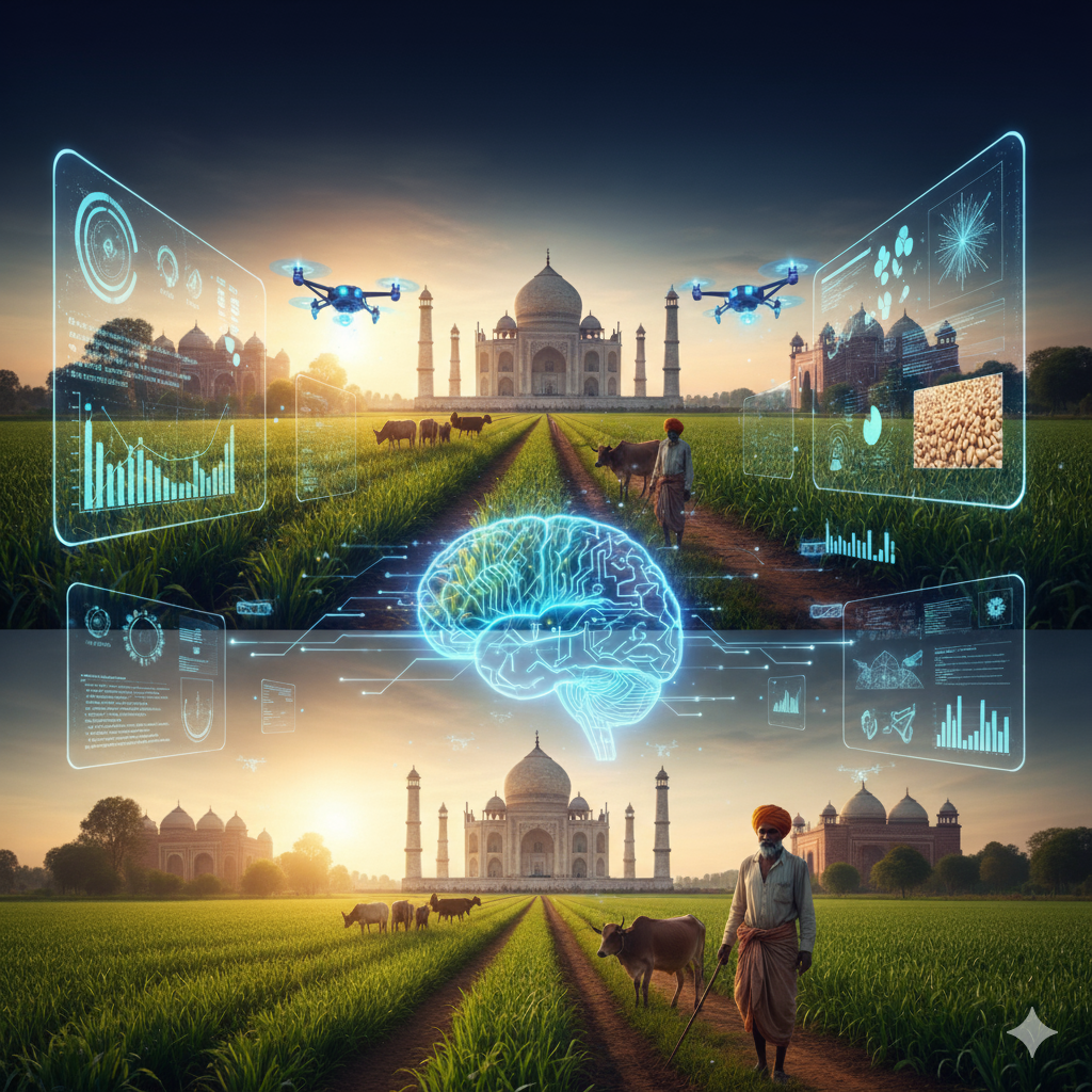 AI brain, drones, farmer, and crops transforming Indian agriculture.