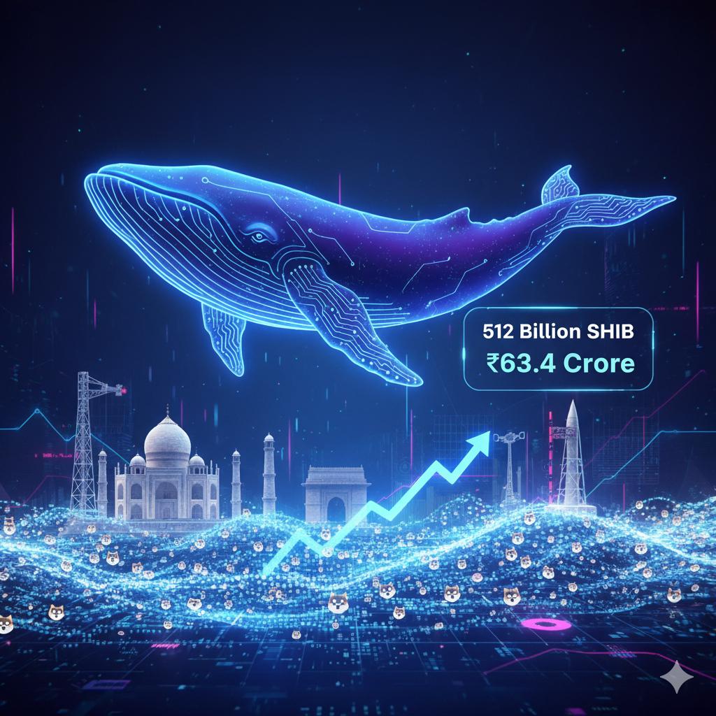Indian landmarks, SHIB tokens, and rising crypto graph.