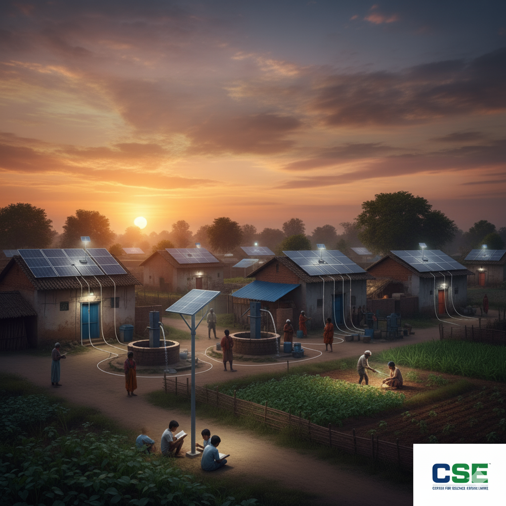 Solar panels illuminating rural Indian village at sunset.