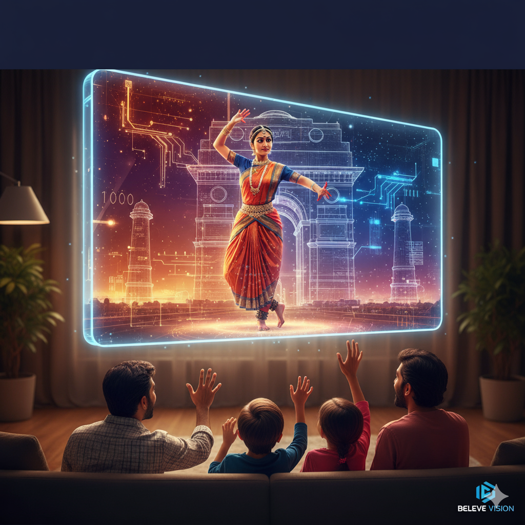 An Indian family watches a holographic display featuring a dancer.
