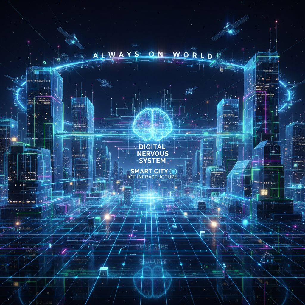 Futuristic smart city with glowing brain icon representing digital nervous system.