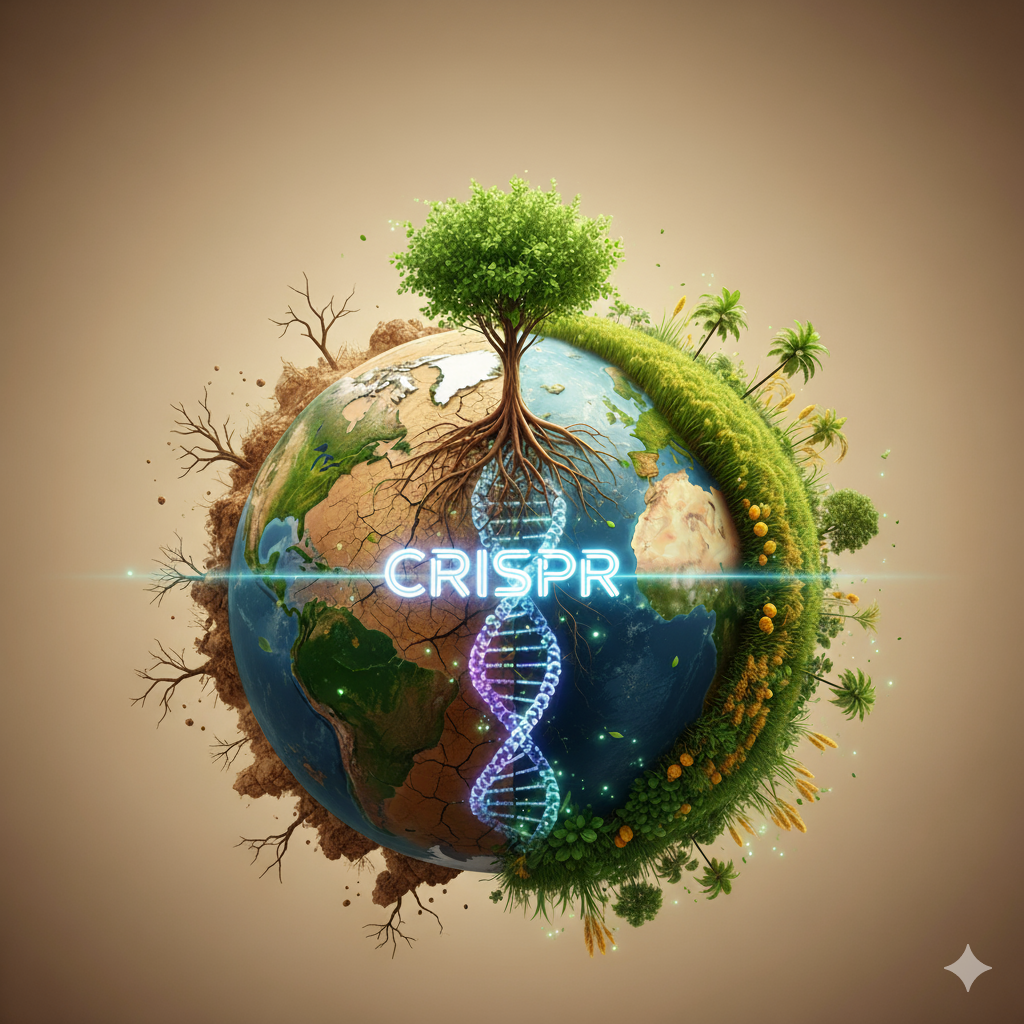 CRISPR DNA intertwined with Earth, transforming agriculture, lush and barren sides.