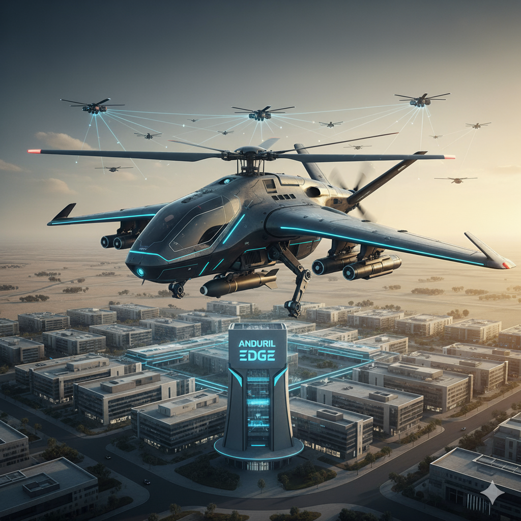 AI-powered drone flying over futuristic cityscape, illustrating advanced defense.