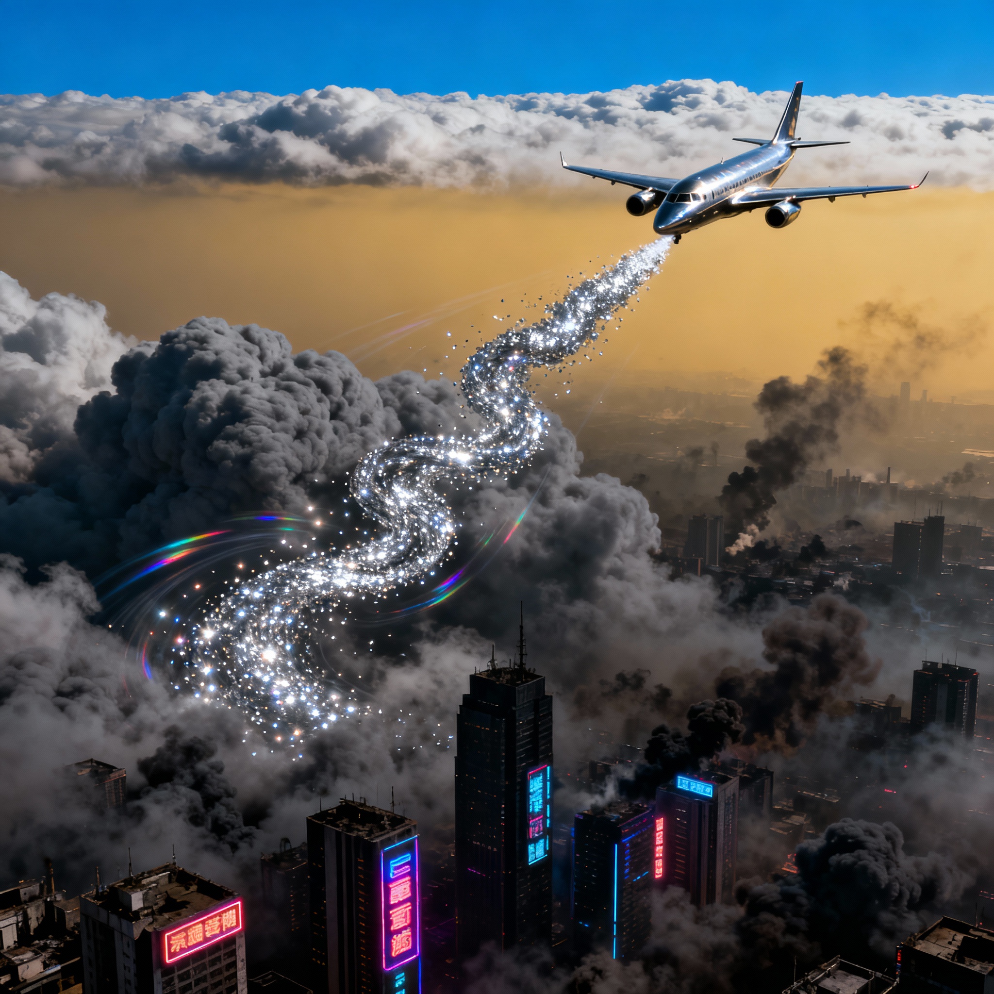 Airplane cloud seeding over cityscape, failing to clear smog.