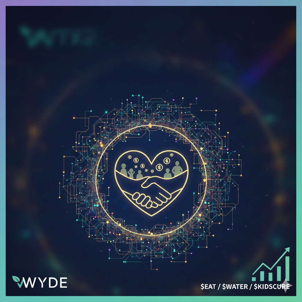 WYDE crypto trading impact heart icon with circuit board background.