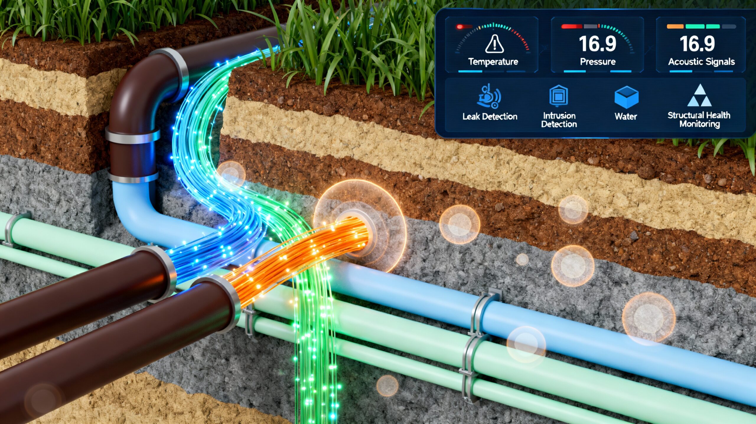 Digital graphic showing fiber optics sensing temperature, pressure, and acoustic signals in underground pipes.