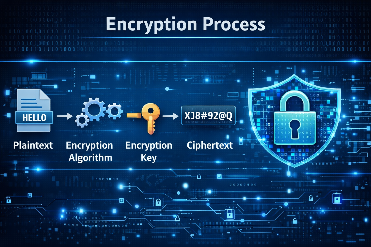 Encryption process diagram showing plaintext converted into ciphertext using encryption algorithm and security key in a cybersecurity data protection concept.